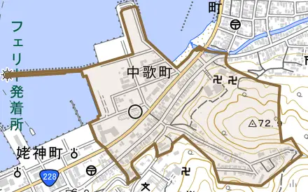 字中歌町とその周辺の地図。町の範囲を重ねている