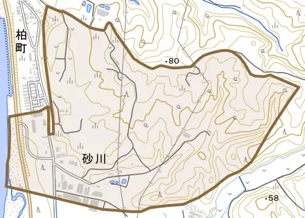 字砂川とその周辺の地図。町の範囲を重ねている