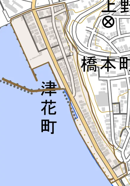 字津花町とその周辺の地図。町の範囲を重ねている