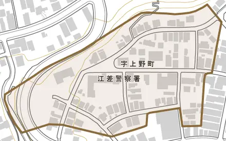 字上野町とその周辺の地図。町の範囲を重ねている