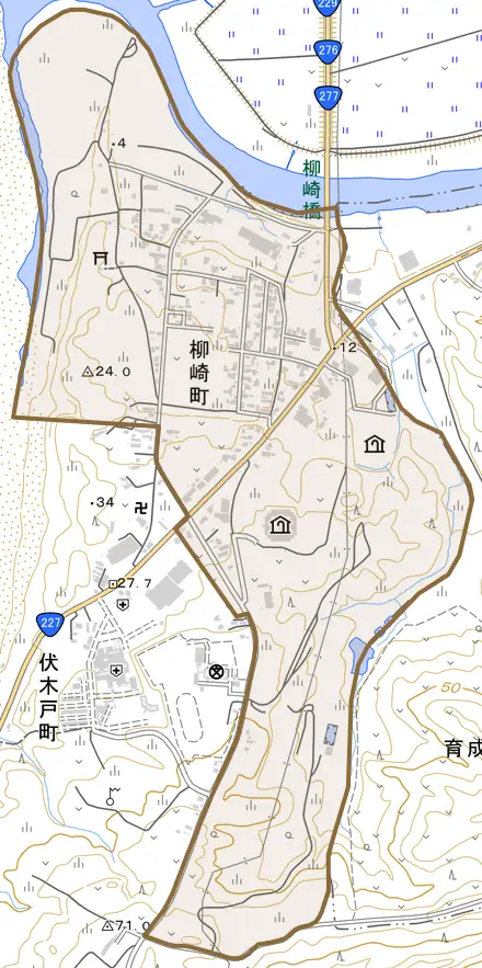 字柳崎町とその周辺の地図。町の範囲を重ねている