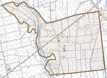 千代田とその周辺の地図。町の範囲を重ねている