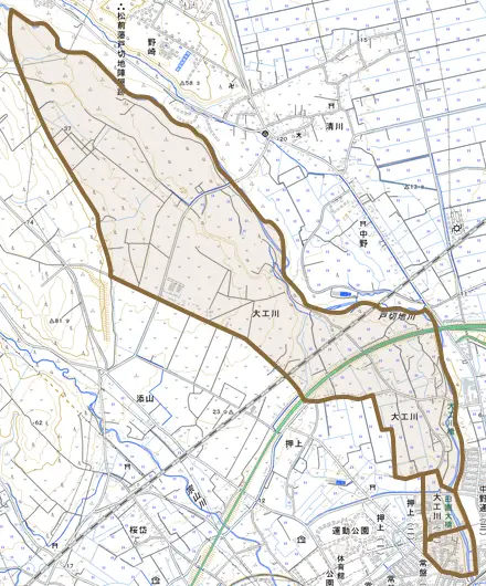 大工川とその周辺の地図。町の範囲を重ねている