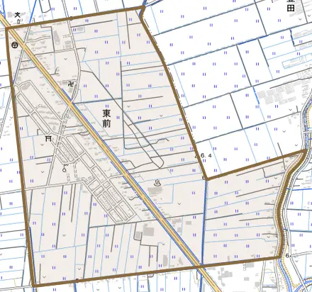 東前とその周辺の地図。町の範囲を重ねている
