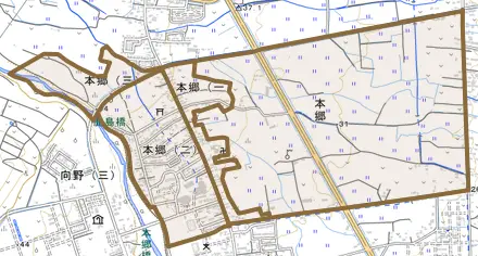 本郷とその周辺の地図。町の範囲を重ねている