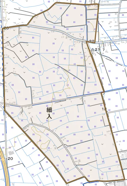 細入とその周辺の地図。町の範囲を重ねている