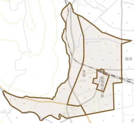 市渡とその周辺の地図。町の範囲を重ねている