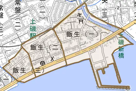 飯生とその周辺の地図。町の範囲を重ねている