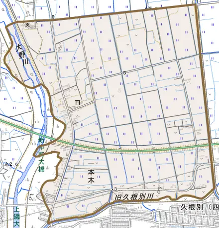 一本木とその周辺の地図。町の範囲を重ねている