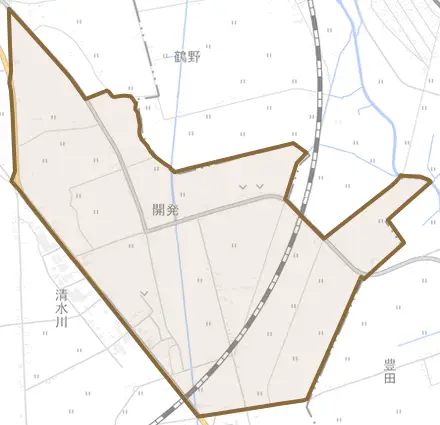 開発とその周辺の地図。町の範囲を重ねている
