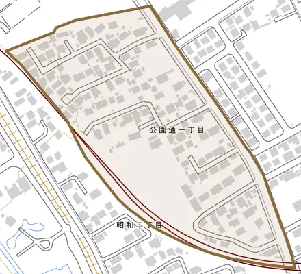 公園通とその周辺の地図。町の範囲を重ねている