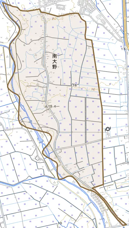 南大野とその周辺の地図。町の範囲を重ねている