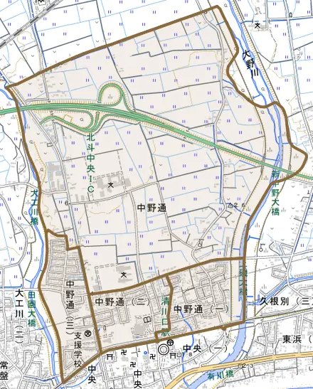 中野通とその周辺の地図。町の範囲を重ねている