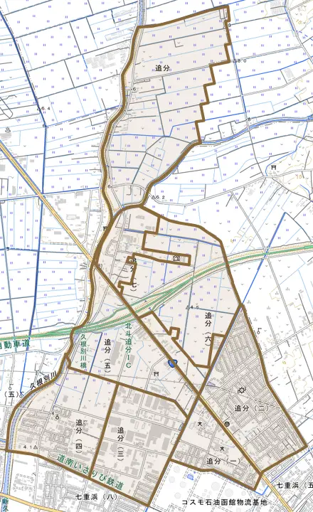 追分とその周辺の地図。町の範囲を重ねている
