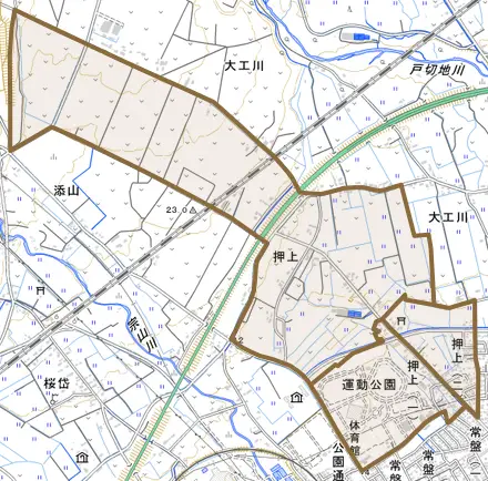 押上とその周辺の地図。町の範囲を重ねている