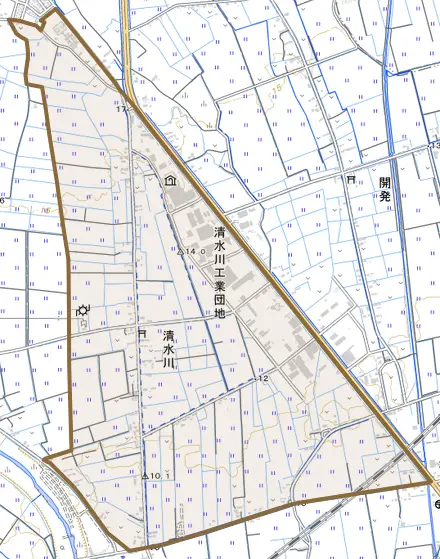 清水川とその周辺の地図。町の範囲を重ねている
