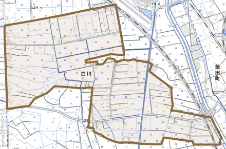 白川とその周辺の地図。町の範囲を重ねている