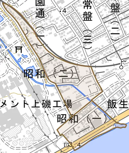昭和とその周辺の地図。町の範囲を重ねている
