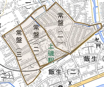 常盤とその周辺の地図。町の範囲を重ねている