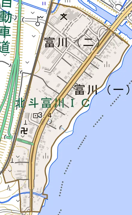 富川とその周辺の地図。町の範囲を重ねている