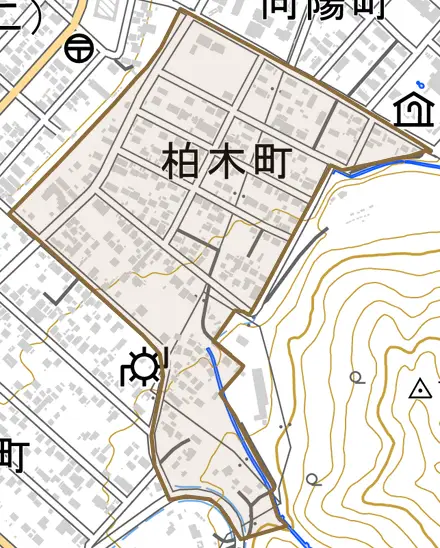 柏木町とその周辺の地図。町の範囲を重ねている