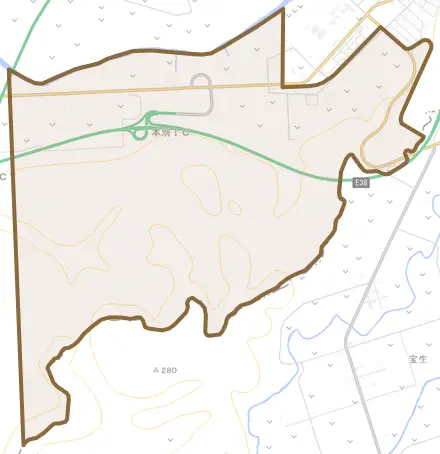 共栄とその周辺の地図。町の範囲を重ねている