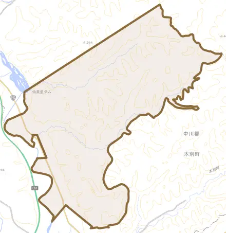 仙美里とその周辺の地図。町の範囲を重ねている
