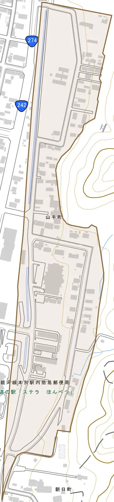 山手町とその周辺の地図。町の範囲を重ねている