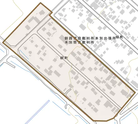 柳町とその周辺の地図。町の範囲を重ねている