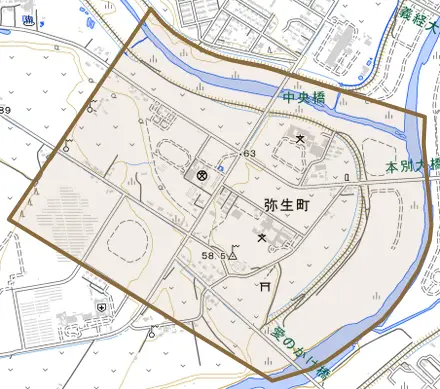 弥生町とその周辺の地図。町の範囲を重ねている