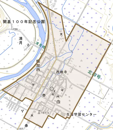 字幌加内とその周辺の地図。町の範囲を重ねている
