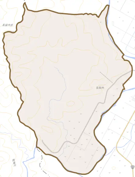 字長留内とその周辺の地図。町の範囲を重ねている