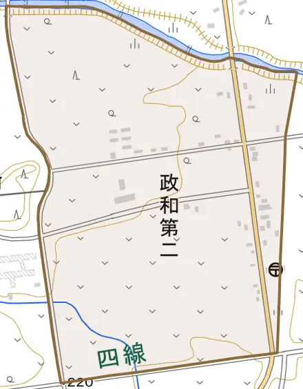 字政和第二とその周辺の地図。町の範囲を重ねている