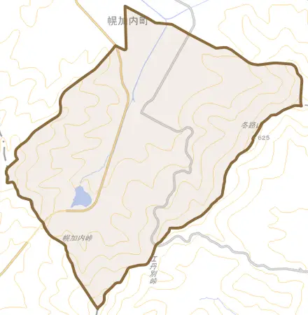 字下幌加内とその周辺の地図。町の範囲を重ねている