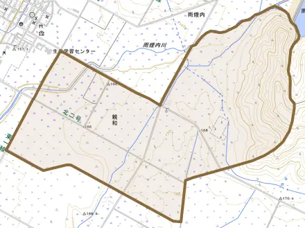 字親和とその周辺の地図。町の範囲を重ねている