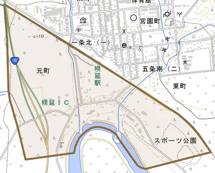 元町とその周辺の地図。町の範囲を重ねている