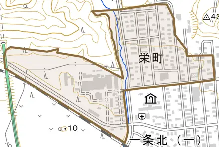 栄町とその周辺の地図。町の範囲を重ねている