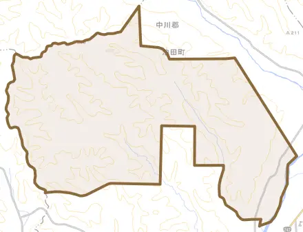 字美加登とその周辺の地図。町の範囲を重ねている