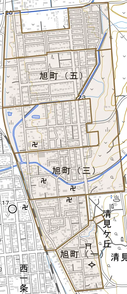 字旭町とその周辺の地図。町の範囲を重ねている