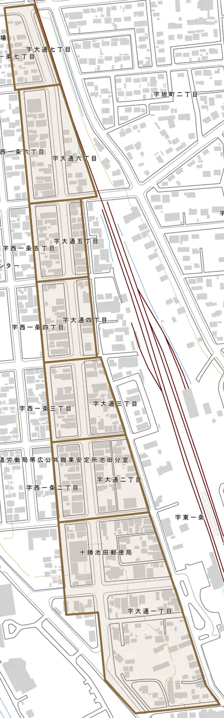 字大通とその周辺の地図。町の範囲を重ねている