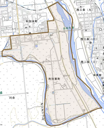 字利別東町とその周辺の地図。町の範囲を重ねている