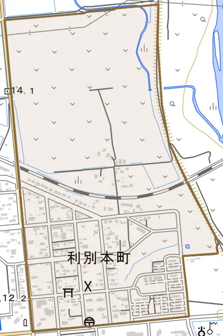 字利別本町とその周辺の地図。町の範囲を重ねている