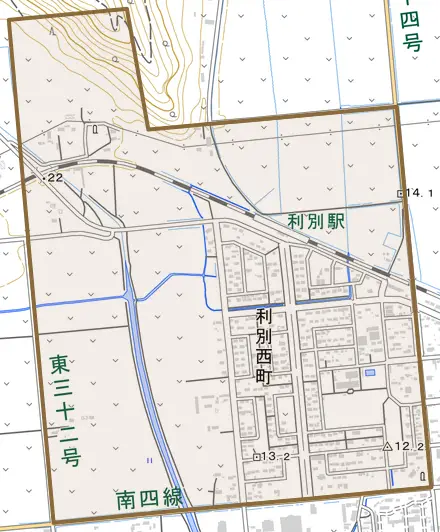 字利別西町とその周辺の地図。町の範囲を重ねている
