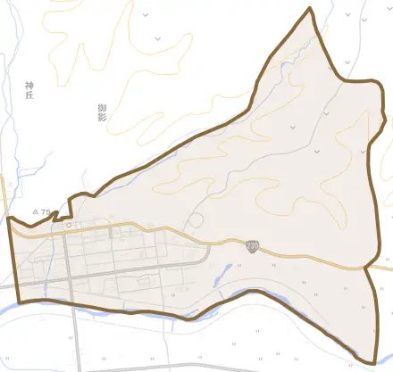 字今金とその周辺の地図。町の範囲を重ねている