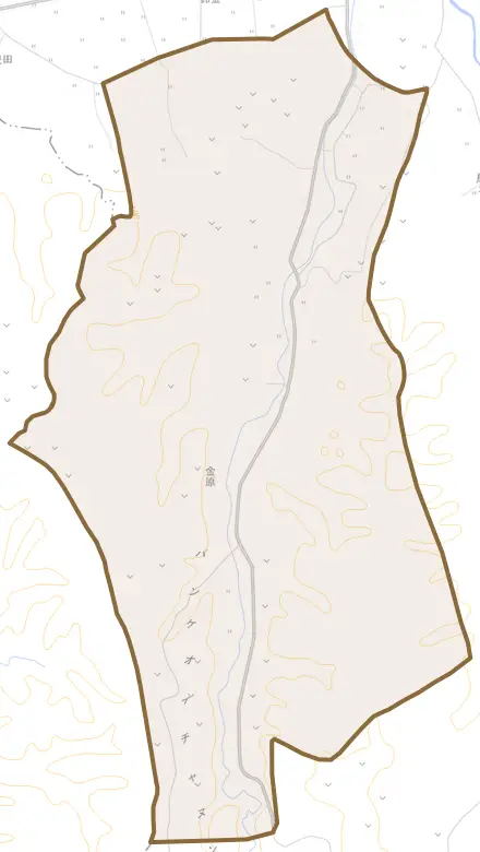 字金原とその周辺の地図。町の範囲を重ねている
