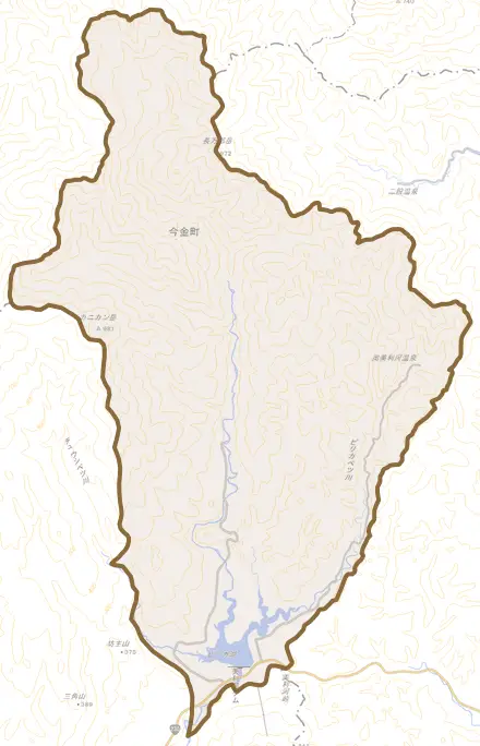 字美利河とその周辺の地図。町の範囲を重ねている
