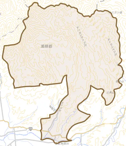 字種川とその周辺の地図。町の範囲を重ねている