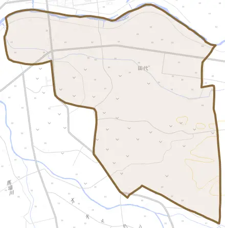 字田代とその周辺の地図。町の範囲を重ねている