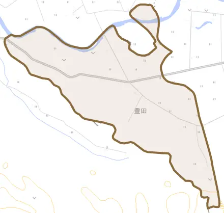 字豊田とその周辺の地図。町の範囲を重ねている