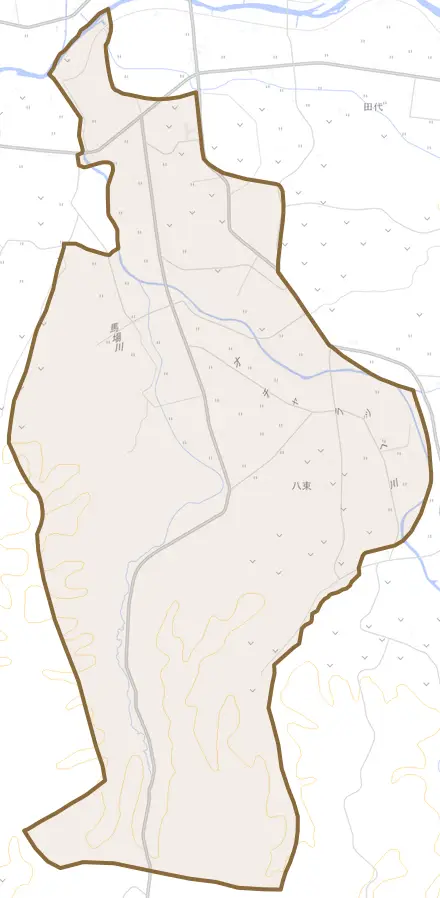 字八束とその周辺の地図。町の範囲を重ねている